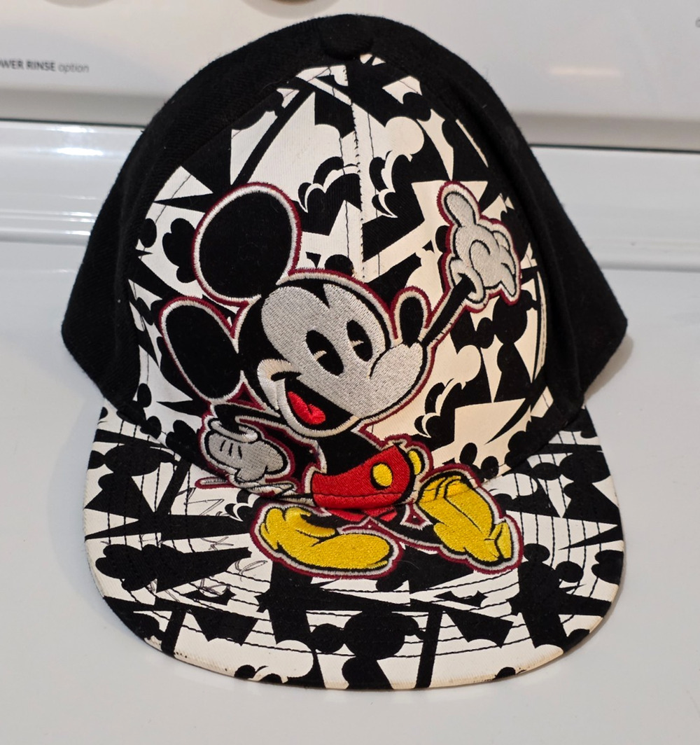 1990s Mickey Mouse Snapback Hat Black & White Disney Mickey Mouse Used